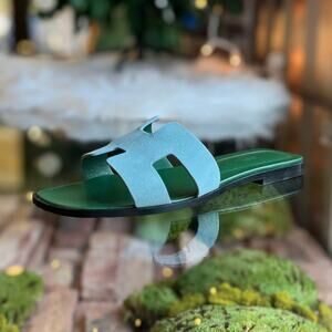 HERMES Oran Blue Suede Bicolor Bleu Minéral Sandals SZ39.5(9.5US)